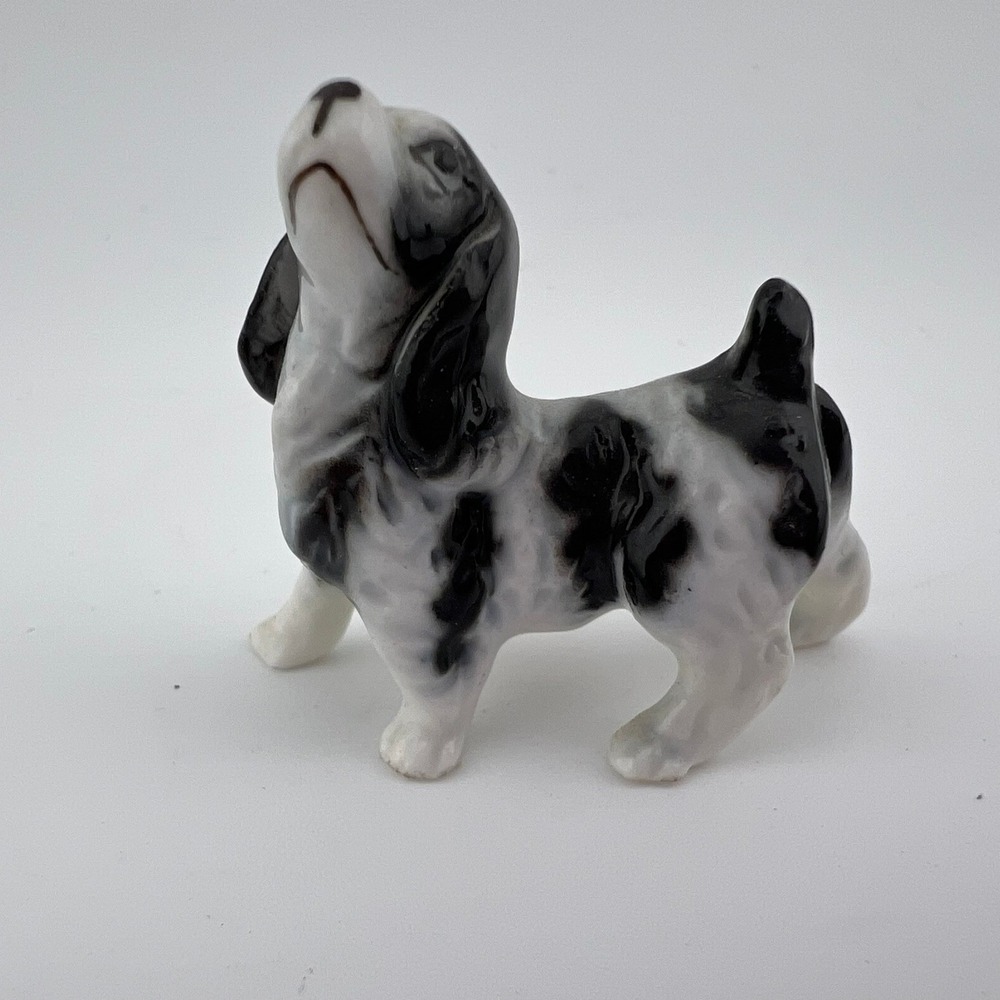 Vintage Bone China Japan Black White Spaniel Dog Figurine 1.5" Miniature